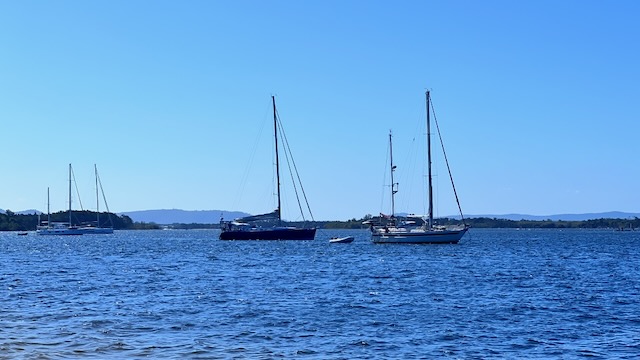 Our new boat friends in their ketch 'Ambrosia' on the right, Lazuli in the middle