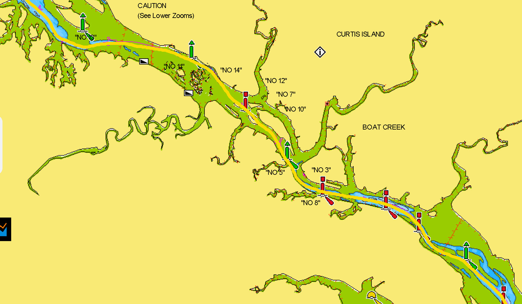 Our track across the shallow (green) sections