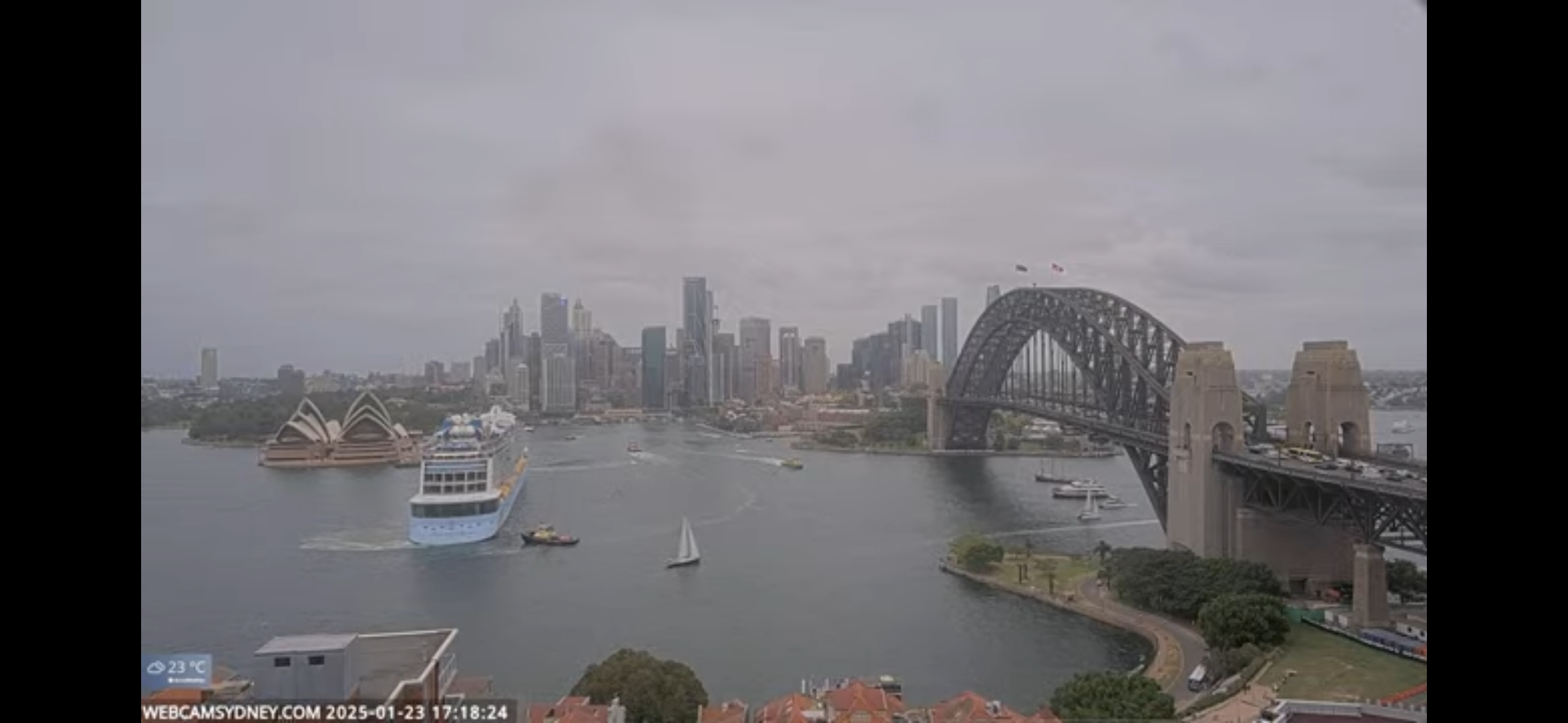 View from the bridge web cam - that's us playing chicken with the cruise ship