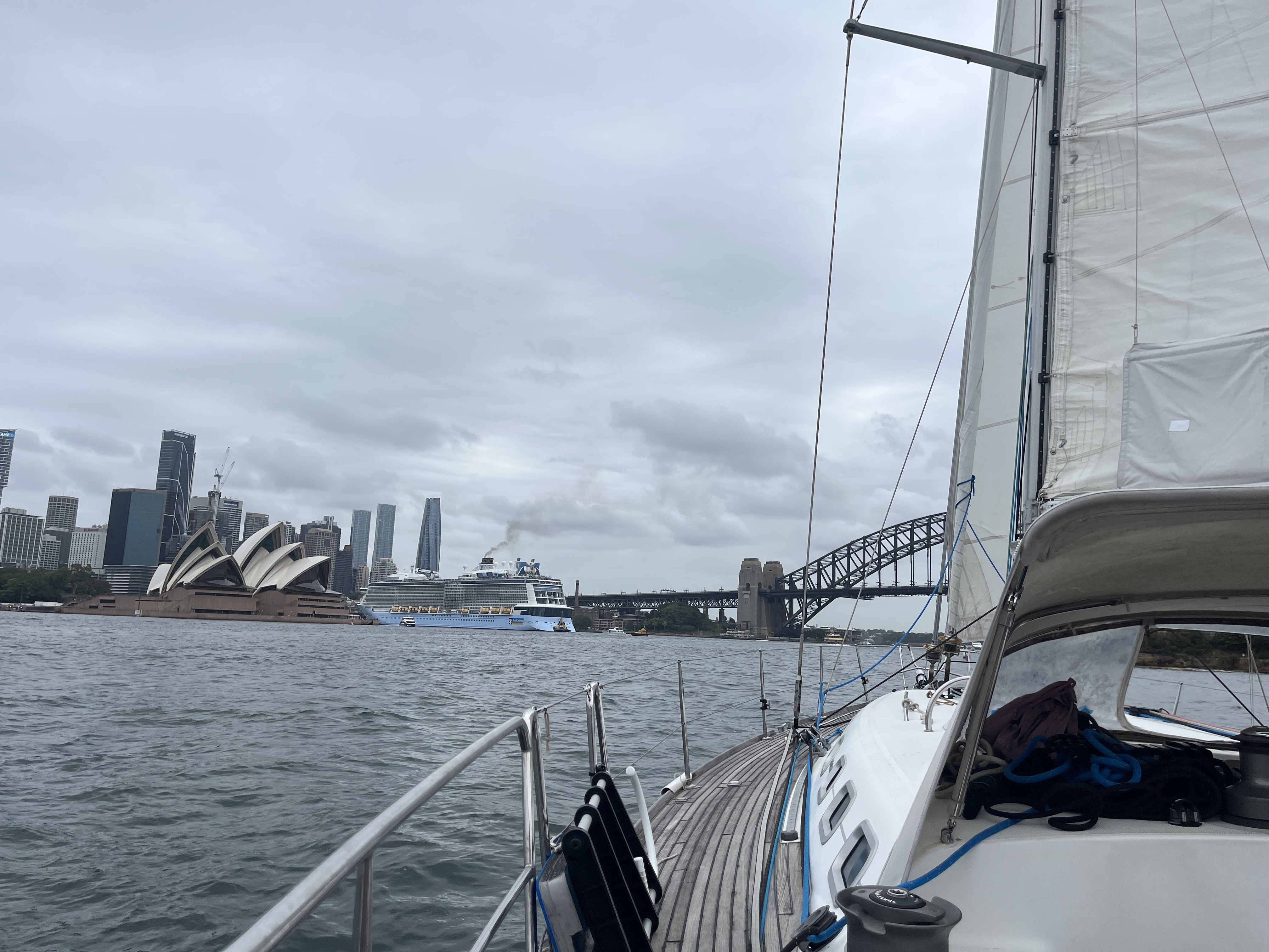 Sailing towards the bridge (and cruise ship)
