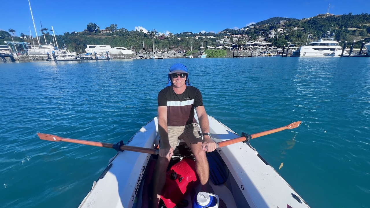 Rowing over to the boat ramp to swap out engines