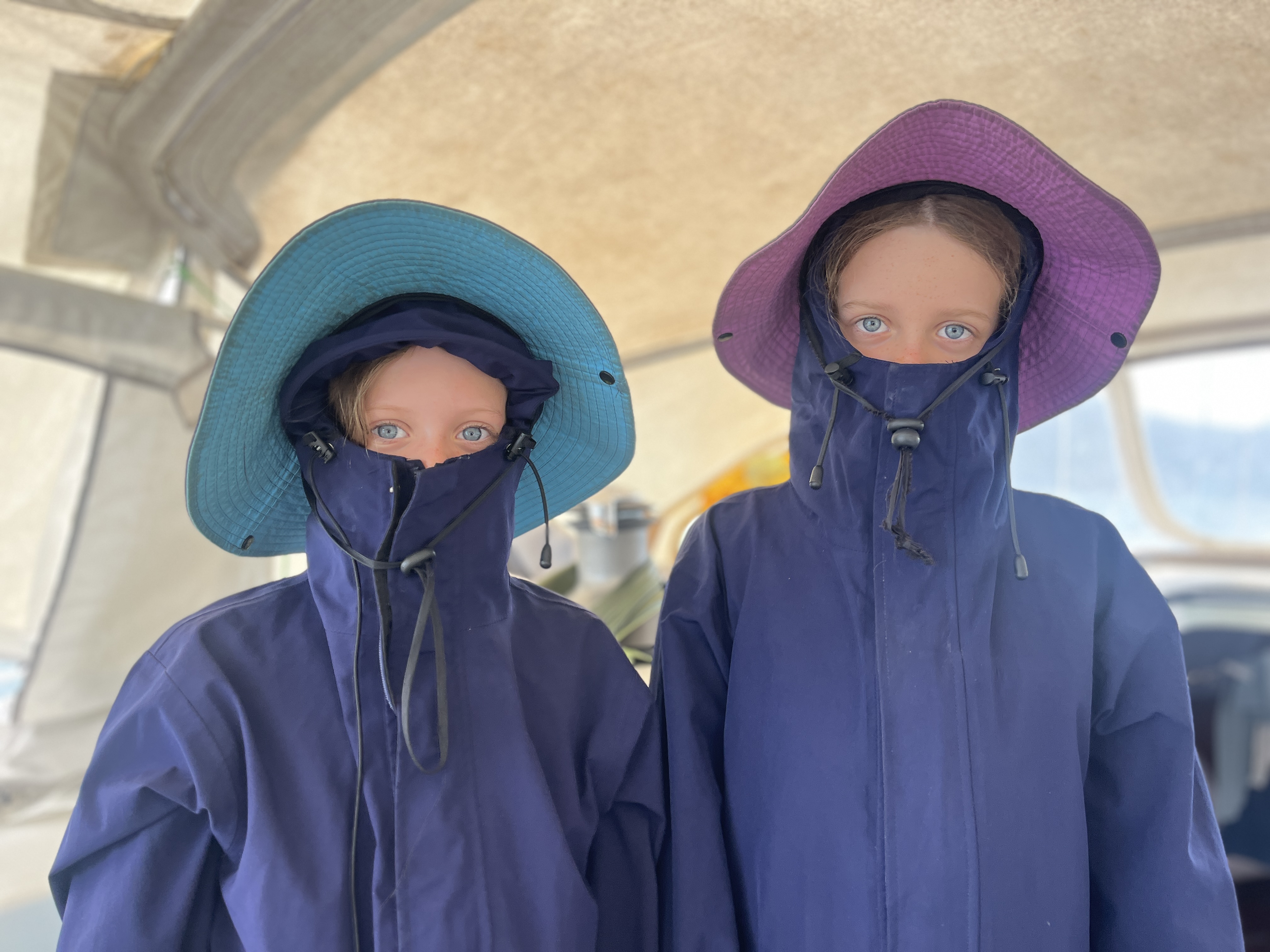 Rugged up for a trip across to Nauti Kitty
