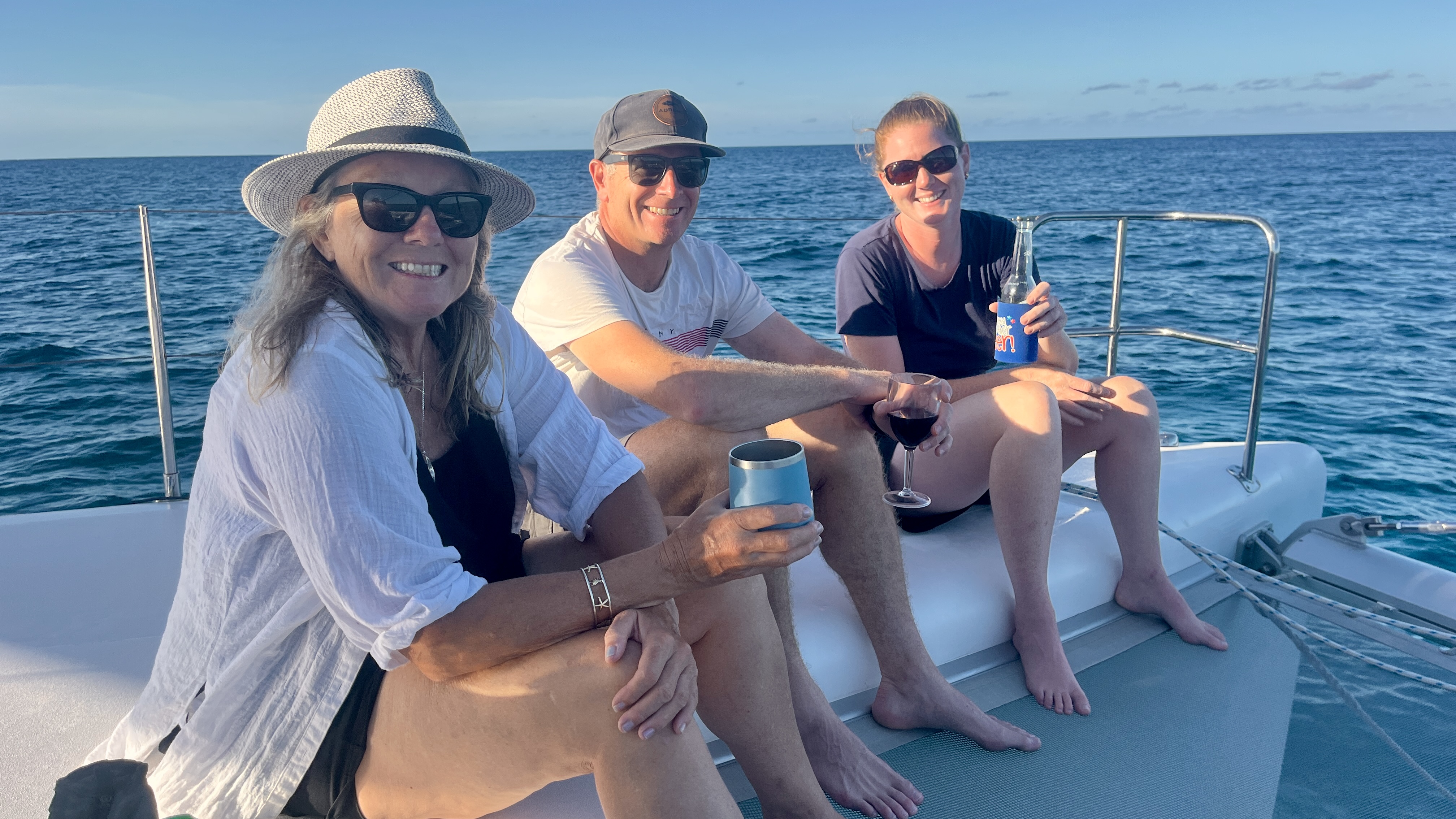 Post diving drinks on Hoot (Traci, Jeremy, Bride)