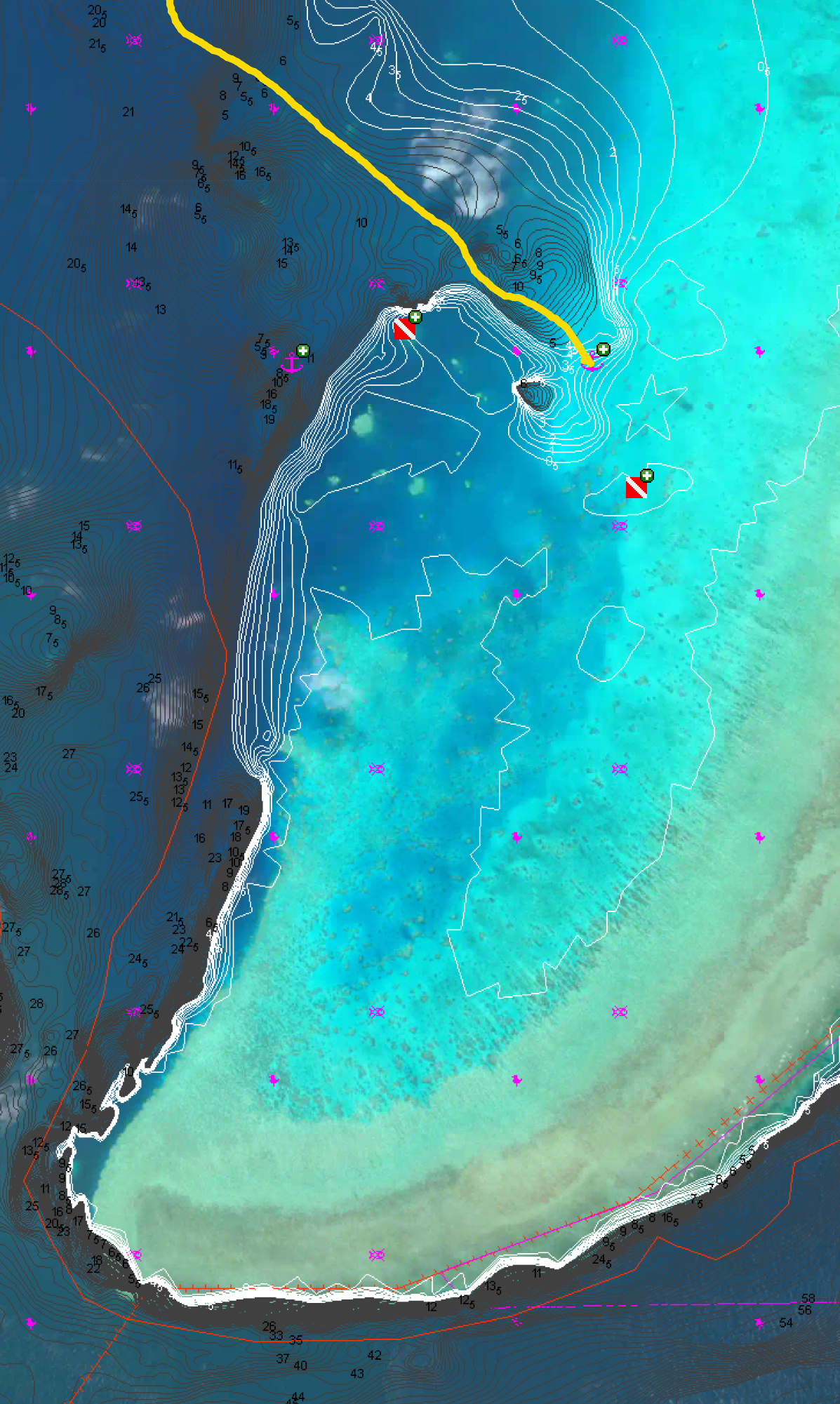 Our track into the bottom of #10, and the dive site (West) and spot we went snorkeling (South/East)