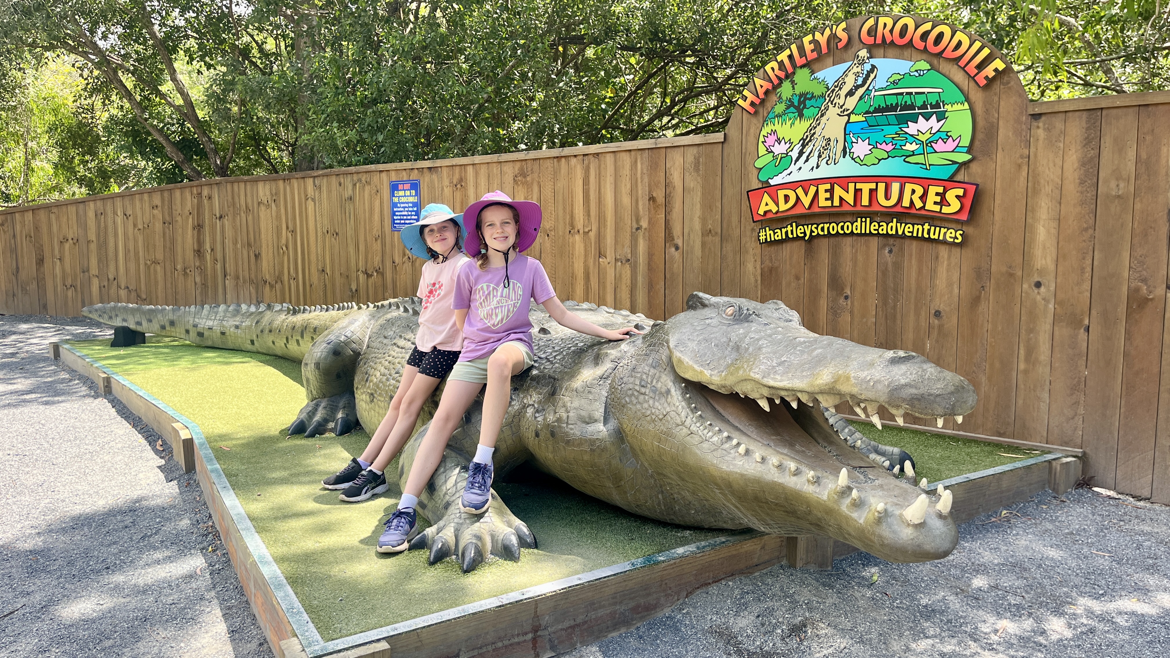 Big crocodile at the entrance. "No climbing on the crocodile"