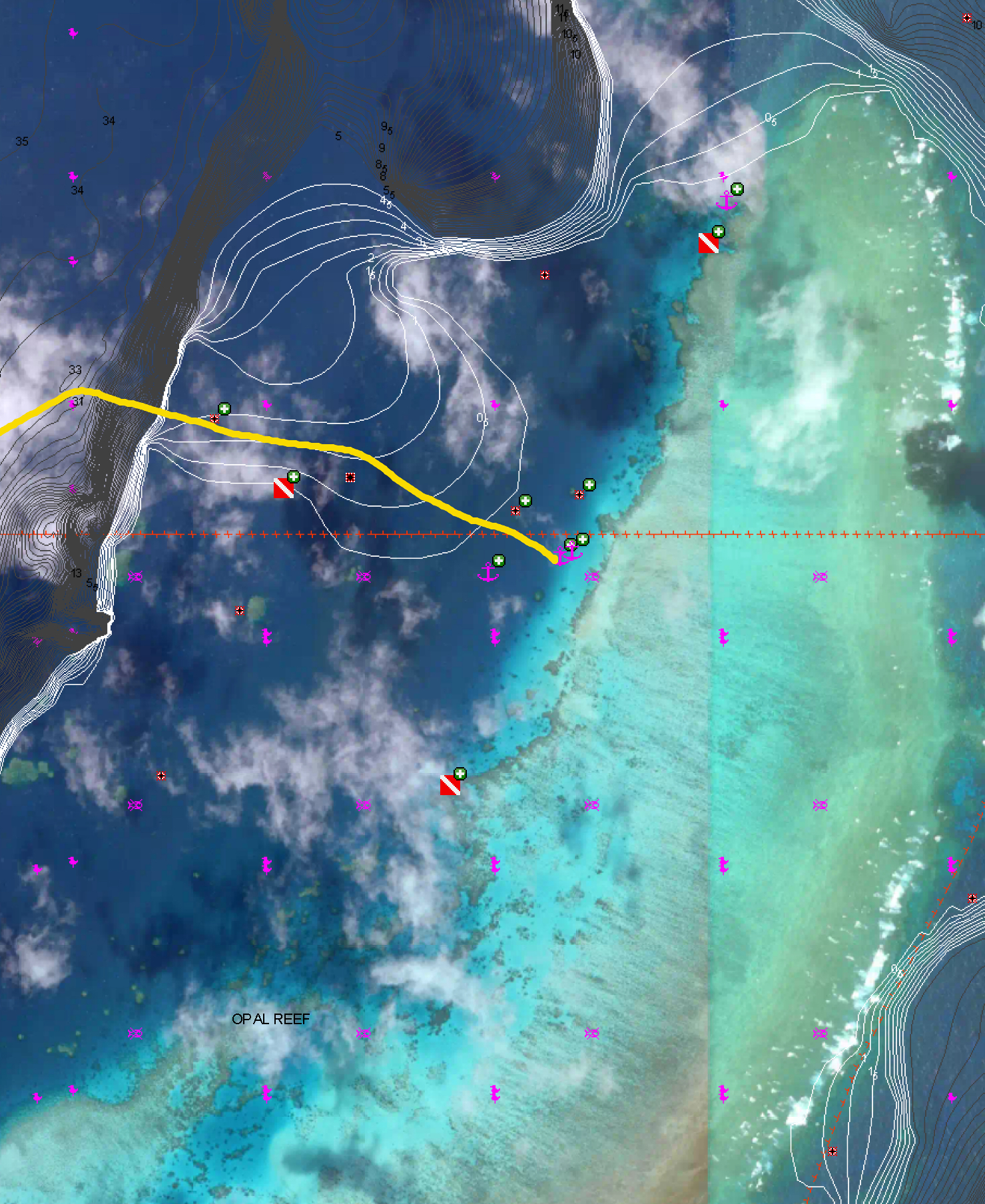 Our tack into Opal Reef, and the 3 sites we snorkeled/dived